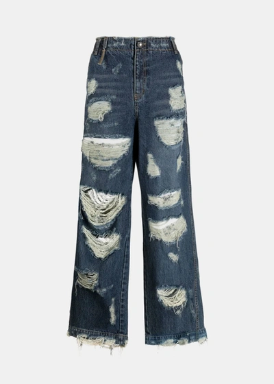 Shop Ader Error Blue Distressed-effect Jeans