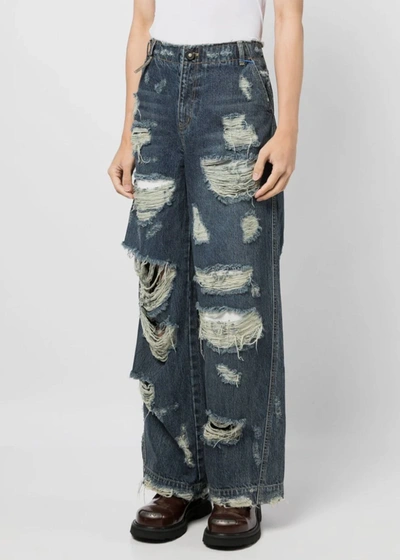 Shop Ader Error Blue Distressed-effect Jeans