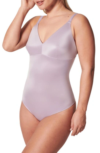 Shop Spanx Shaping Satin Thong Bodysuit In Light Orchid