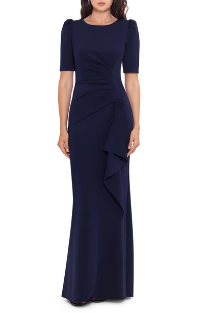 Xscape Side Ruched Ruffle Details Scuba Crepe Gown In Midnight