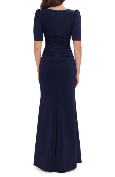 Xscape Side Ruched Ruffle Details Scuba Crepe Gown In Midnight