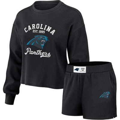 Shop Wear By Erin Andrews Black Carolina Panthers Waffle Knit Long Sleeve T-shirt & Shorts Lounge Set