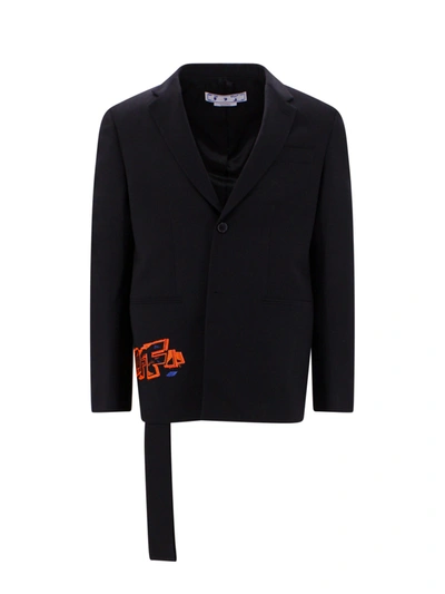 Shop Off-white Wool Blend Blazer With Embroidered Multicolor Logo