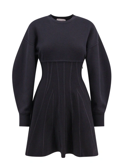 Shop Alexander Mcqueen Wool Blend Dress With Embossed Stitchings