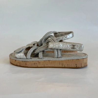 Pre-owned Chanel 20s Cc Lambskin Cord Rope Logo Dad Sandals In Silver, 39