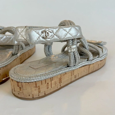 Pre-owned Chanel 20s Cc Lambskin Cord Rope Logo Dad Sandals In Silver, 39