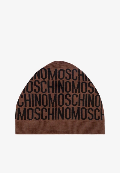 Shop Moschino All-over Jacquard Logo Beanie In Brown