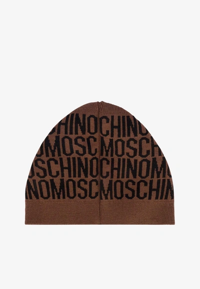 Shop Moschino All-over Jacquard Logo Beanie In Brown
