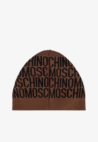 Moschino All-over Jacquard Logo Beanie In Brown