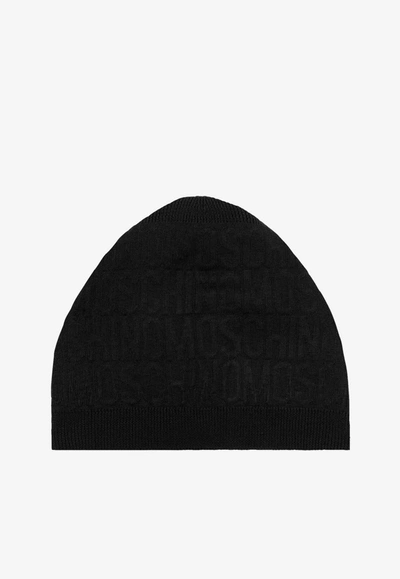 Shop Moschino All-over Jacquard Logo Beanie In Black