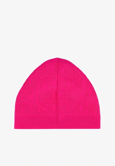 Shop Moschino All-over Jacquard Logo Beanie In Pink