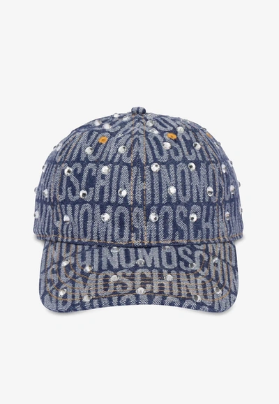 Shop Moschino All-over Jacquard Logo Denim Cap In Blue