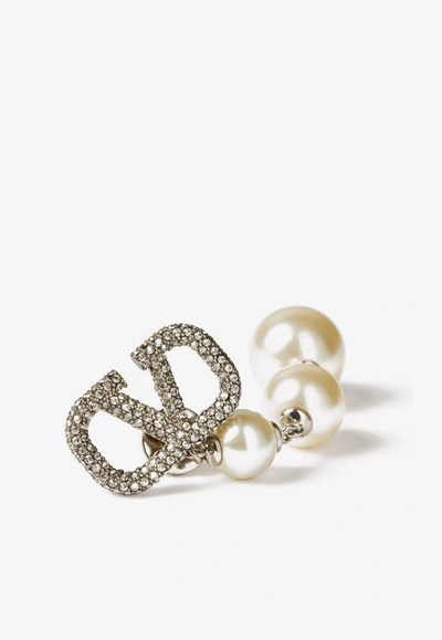 Shop Valentino Crystal Encrusted Vlogo Pearl Drop Earrings In Silver