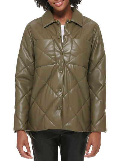 Shop Calvin Klein Womens Faux Leather Warm Quilted Coat In Green