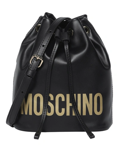 Shop Moschino Logo Leather Bucket Bag In Black