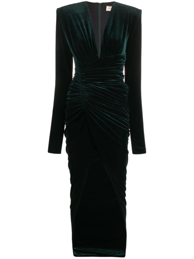 Shop Alexandre Vauthier Green Ruched Velvet Dress