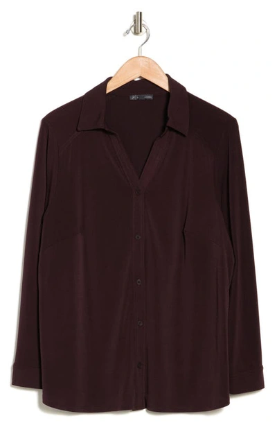 Shop Adrianna Papell Long Sleeve Button-up Top In Chocolate