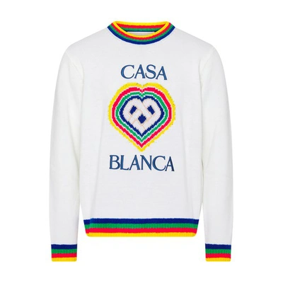 Shop Casablanca Heart Boucle Brand Crew Neck Sweater In White