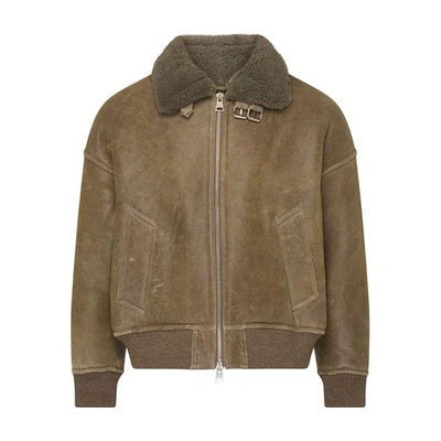 Shop Ami Alexandre Mattiussi Zipped Leather Bomber Jacket In Taupe