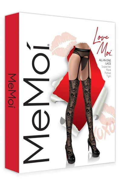 Memoi Women's All-in-one Lace Suspender Floral Fishnet Tights In Black