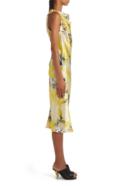Shop Bottega Veneta Floral Print Cupro Twill Dress In 7125 Yellow/ Turquoise