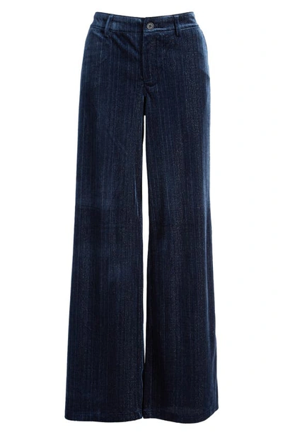 Shop Noisy May Aida Metallic Stripe Wide Leg Velvet Pants In Navy Blazer Stripes