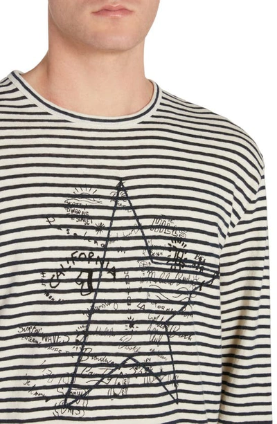 Shop Golden Goose Embroidered Graffiti Stripe Cotton & Linen Long Sleeve T-shirt In Ecru/ Mazarine Blue