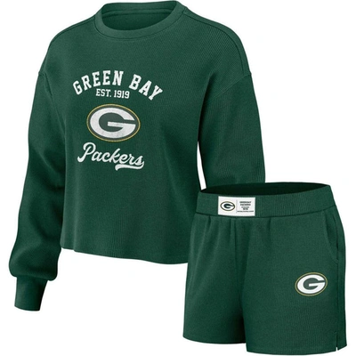 Shop Wear By Erin Andrews Green Green Bay Packers Waffle Knit Long Sleeve T-shirt & Shorts Lounge Set