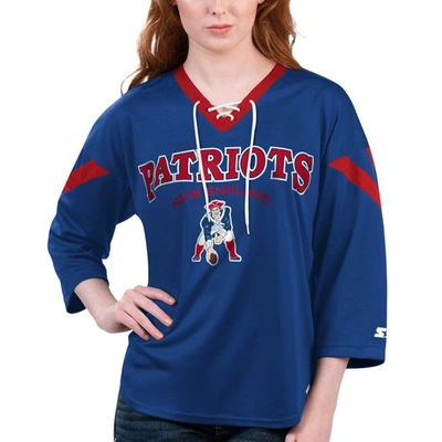 Shop Starter Royal New England Patriots Rally Lace-up 3/4 Sleeve T-shirt