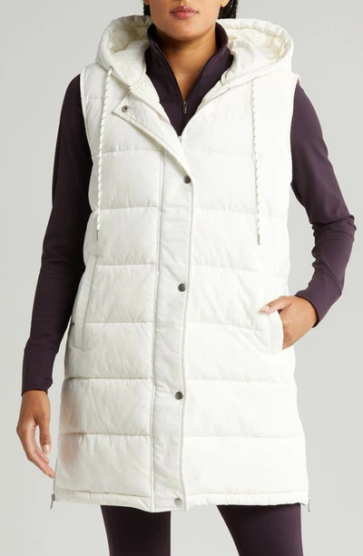 Shop Zella Long Hooded Puffer Vest In Ivory Egret