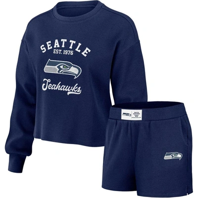 Shop Wear By Erin Andrews Navy Seattle Seahawks Waffle Knit Long Sleeve T-shirt & Shorts Lounge Set