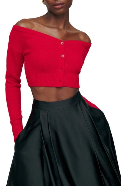 Shop Reformation Millie Off The Shoulder Recycled Cashmere Blend Crop Cardigan In Cherry