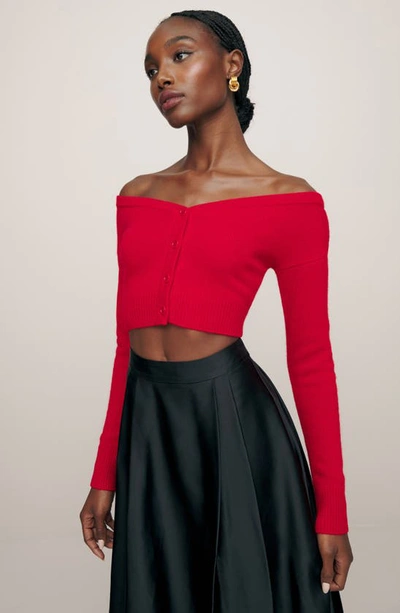Shop Reformation Millie Off The Shoulder Recycled Cashmere Blend Crop Cardigan In Cherry