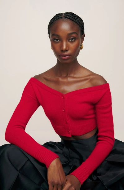 Shop Reformation Millie Off The Shoulder Recycled Cashmere Blend Crop Cardigan In Cherry