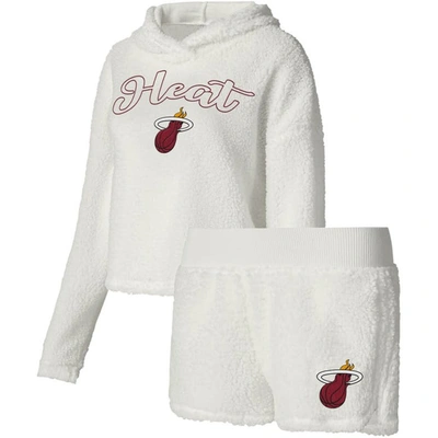 Shop College Concepts Cream Miami Heat Fluffy Long Sleeve Hoodie T-shirt & Shorts Sleep Set In White