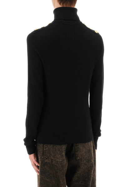 Shop Balmain Turtleneck Sweater With Monogram Buttons In Noir (black)