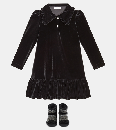 Shop Monnalisa Ruffled Velvet Dress In Black