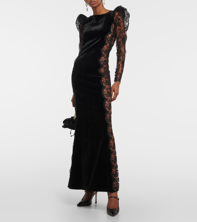 Shop Alessandra Rich Lace-trimmed Velvet Maxi Dress In Black