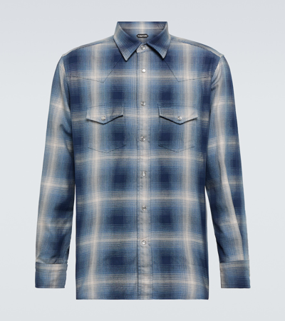 Shop Tom Ford Checked Cotton Western Shirt In Blue