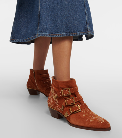 Shop Chloé Susanna Studded Suede Ankle Boots In Brown