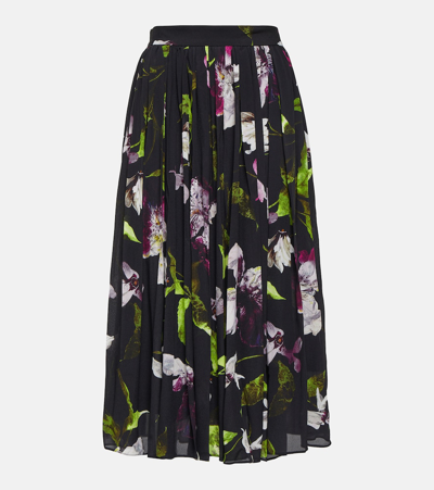 Shop Erdem Floral Pleated Crêpe Midi Skirt In Black