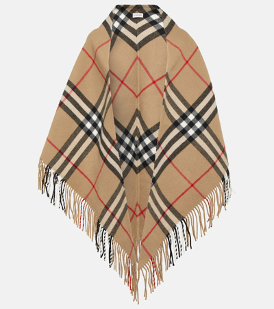 Shop Burberry Checked Wool Cape In Beige