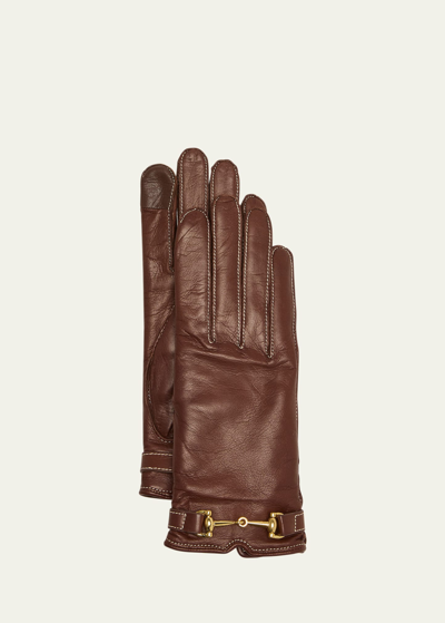 Shop Agnelle Classic Buckled Leather & Cashmere Gloves In Whisky