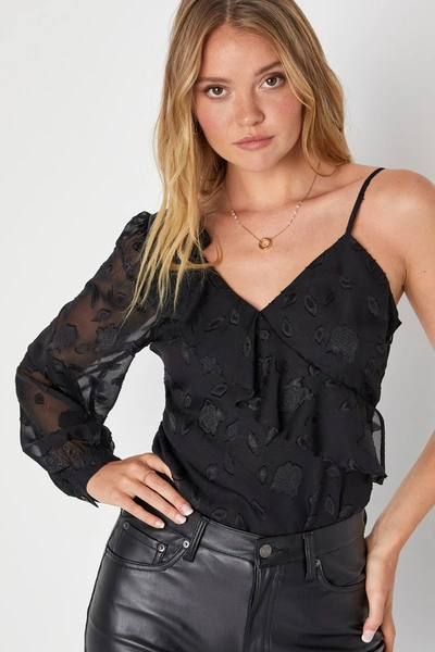 Shop Lulus Sweet Muse Black Floral Jacquard Asymmetrical Ruffled Bodysuit
