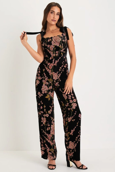 Shop Lulus Lush Aesthetic Black Floral Burnout Tie-strap Wide-leg Jumpsuit