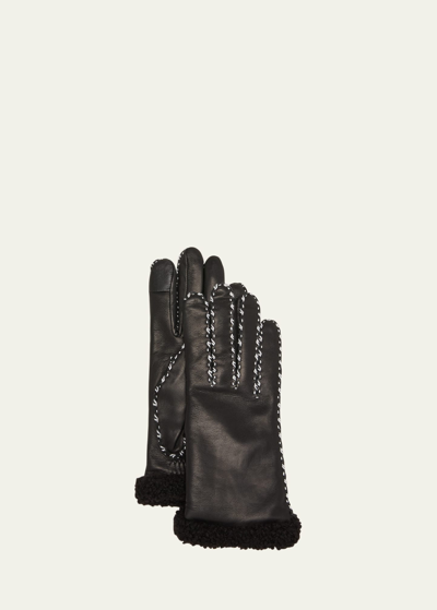 Shop Agnelle Ecru Stitched Leather Gloves In Tnoir
