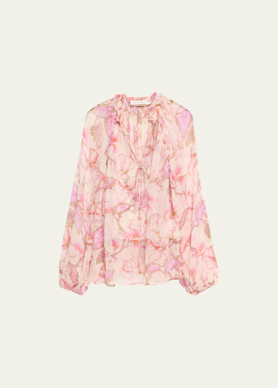 Shop Zimmermann Matchmaker Floral Billow Blouse In Coral Hibiscus