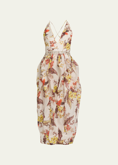 Shop Zimmermann Matchmaker Tropical Tulip Midi Dress In Ivory Tropical Fl