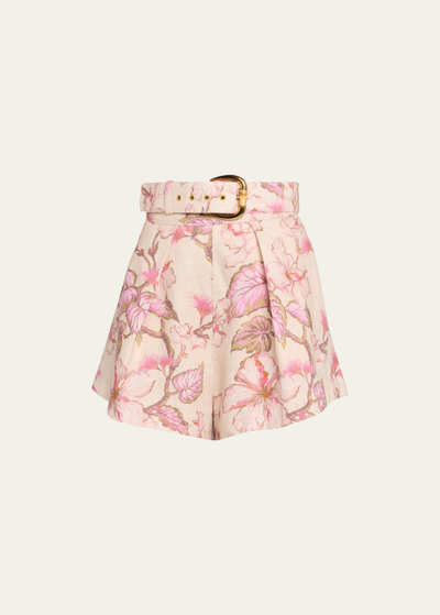 Shop Zimmermann Matchmaker Floral Tuck Shorts In Coral Hibiscus