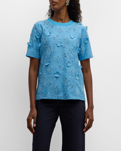 Shop Oscar De La Renta Gardenia Guipure Embroidered T-shirt In Powder Blue